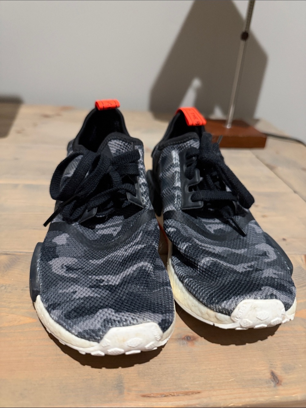 adidas Kids Black Gray Camouflage Sneakers with Orange Heel Tabs